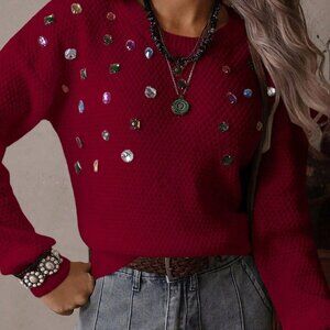 Burgundy Casual Women's Loose Rhinestone Knit Sweater